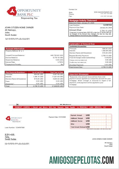 Declaração de hipoteca do South Sudan Opportunity Bank em formatos Word e PDF exemplo